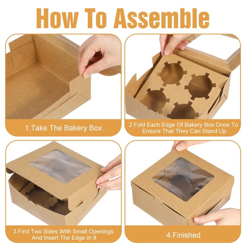 50 Pcs Cupcake Boxes 4 Count Containers 6x6x3 Inch Brown Bulk Muffins Pastry gallery