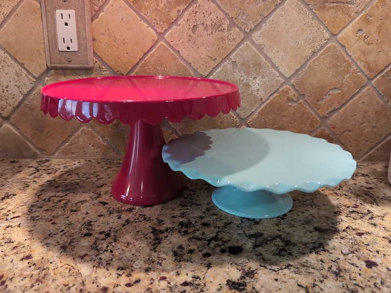 6″ tall Red Cake Stand 3″ tall Aqua Cake Stand Scallop Edged