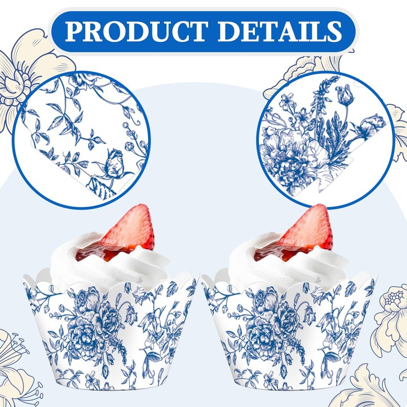 100 PCS Blue Floral Cupcake Wrappers Rustic Cupcake Liners Baking Cups Decor gallery