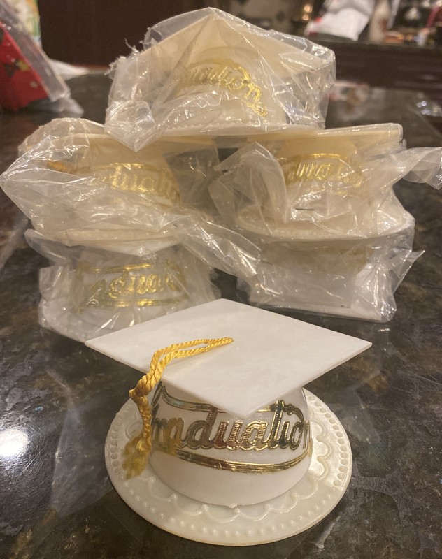 6 Vtg 2pc White Graduation Cap & Base Cake Topper Party Favor Decoration Lot NOS