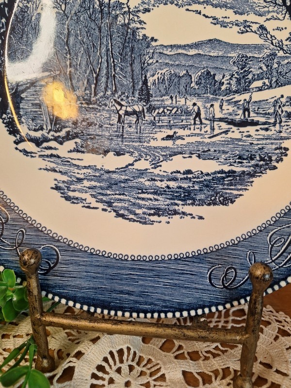 Vntg Currier & Ives Blue Transferware Cake Plate / Platter, Farmhouse Decor,... gallery