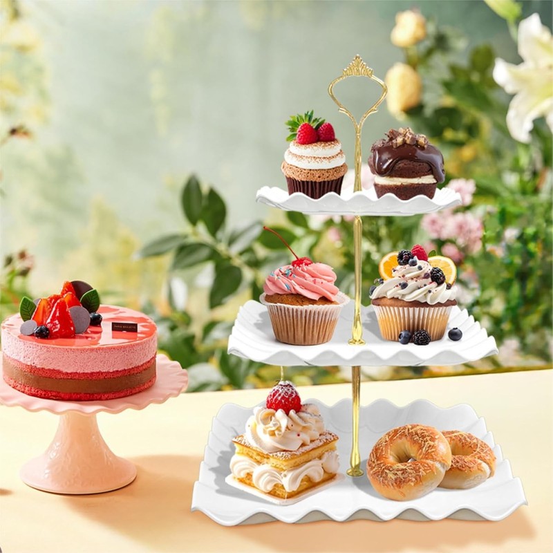 7 Pcs Dessert Table Display Set 2 X 3 Tiered Cupcake Stand Holder 2x Tongs White gallery