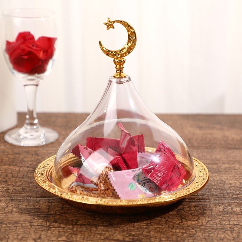 Metal Ramadan Tray with Clear Dome Lid Mini Cake Candy Tray JQ gallery
