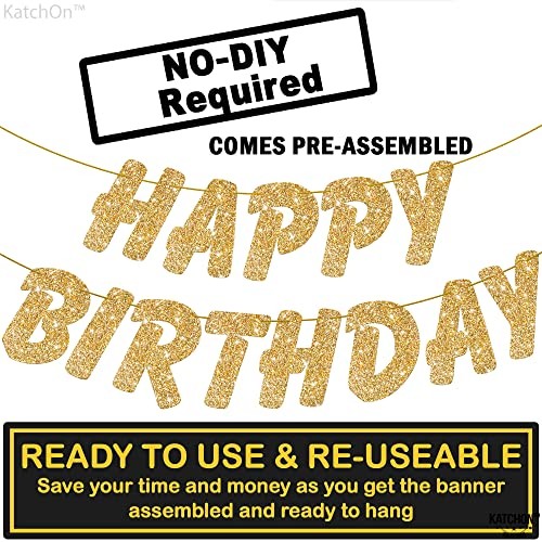 , Glitter Gold Happy Birthday Banner - 10 Feet | Gold Birthday Banner for gallery