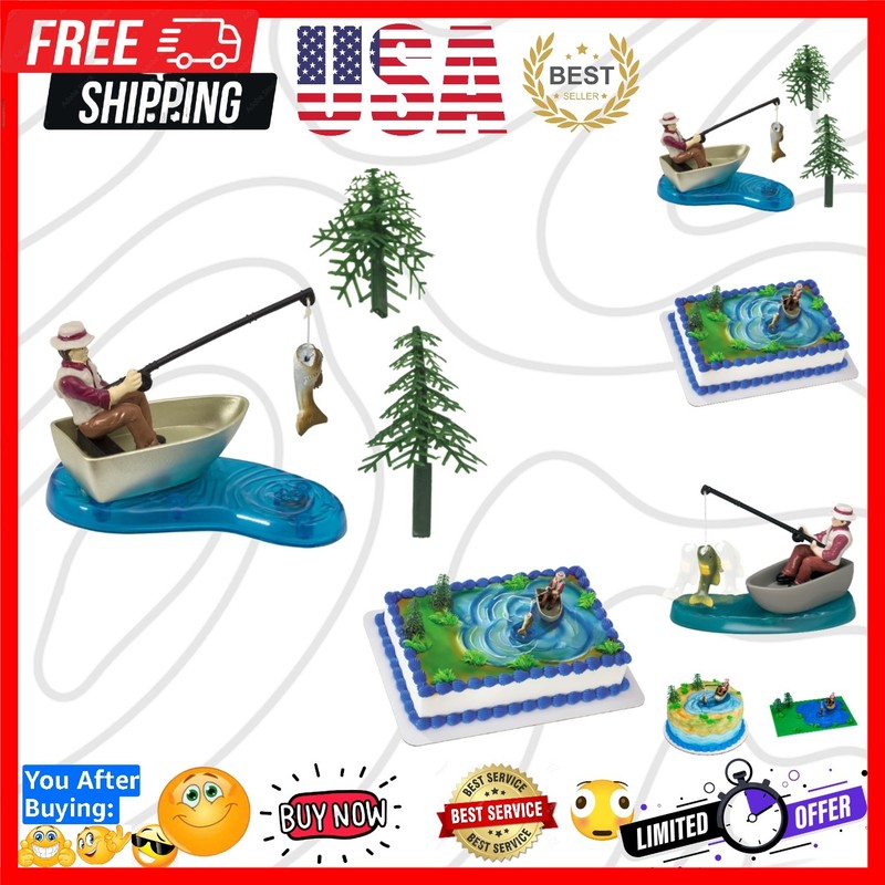 Fisherman with Action Fish DecoSet Cake Decoration, 3 Piece Set,