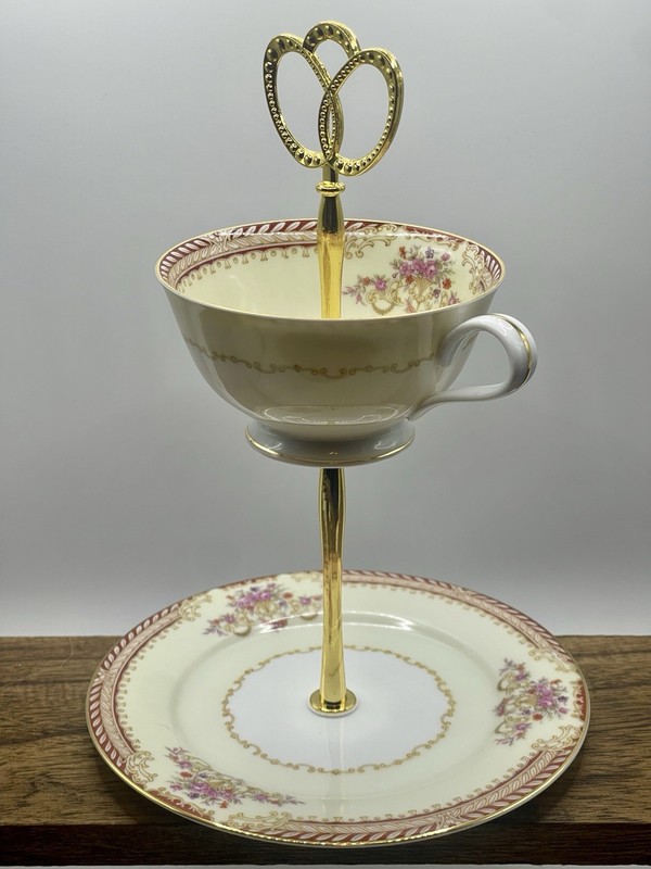 Noritake China Teacup & Saucer Tiered Jewelry Trinket Stand Handmade Japan gallery