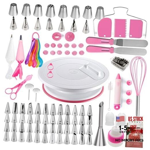 Cake Decorating Kit,137pcs Cake Decorating Supplies with Cake Turntable Pink
