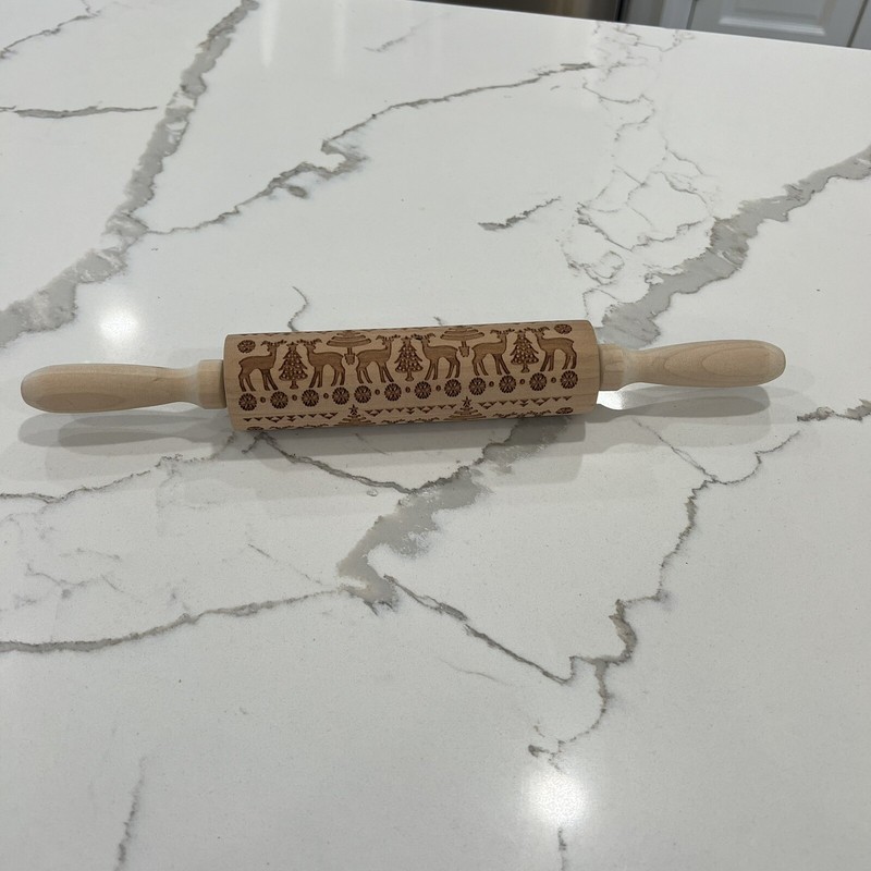 NEW Christmas tree reindeer embossed rolling pin for cookies Scandinavia style