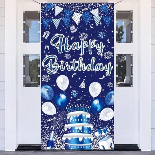 3x6ft Blue Silver Birthday Door Banner Navy Blue Glitter Sequin Happy gallery