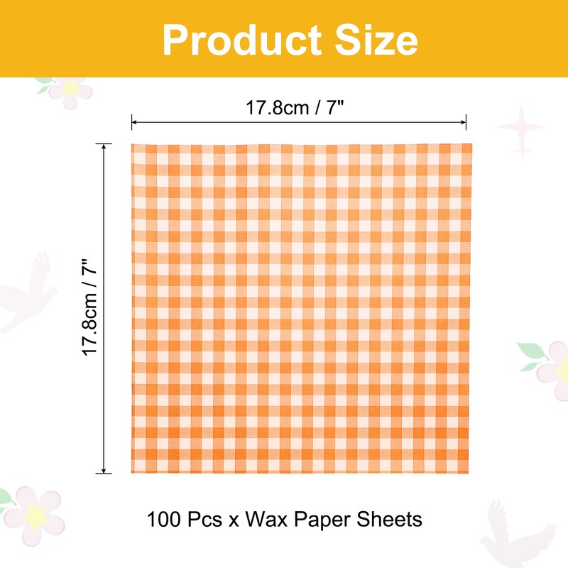 100Pcs Wax Paper Sheets for Food, 7" Plaid Wrapping Paper Sheets, Orange gallery