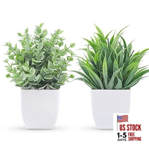 2 Pack Small Fake Plants Mini Artificial Potted Plants for Table Desk Grey