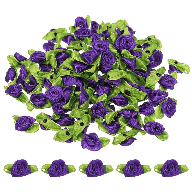 100Pcs Mini Ribbon Roses Tiny Satin Fabric Flowers with Green Leaves Purple