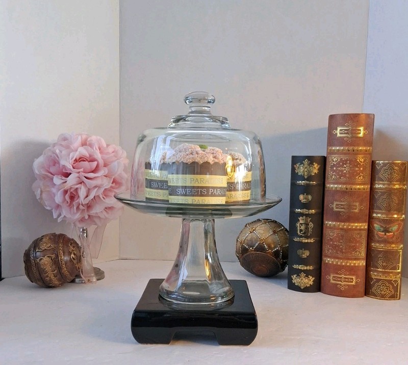 Mini Glass Cake Stand with Cloché Cover; Clear Pedestal Pastry Plate 7.5″W x 10H