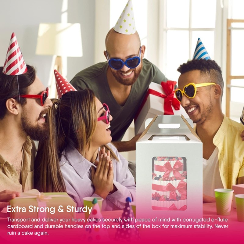 - 4 Pack Tri-Handle Tall Cake Boxes With Windows In 2 Sizes 10x10x12 & 12x12x... gallery