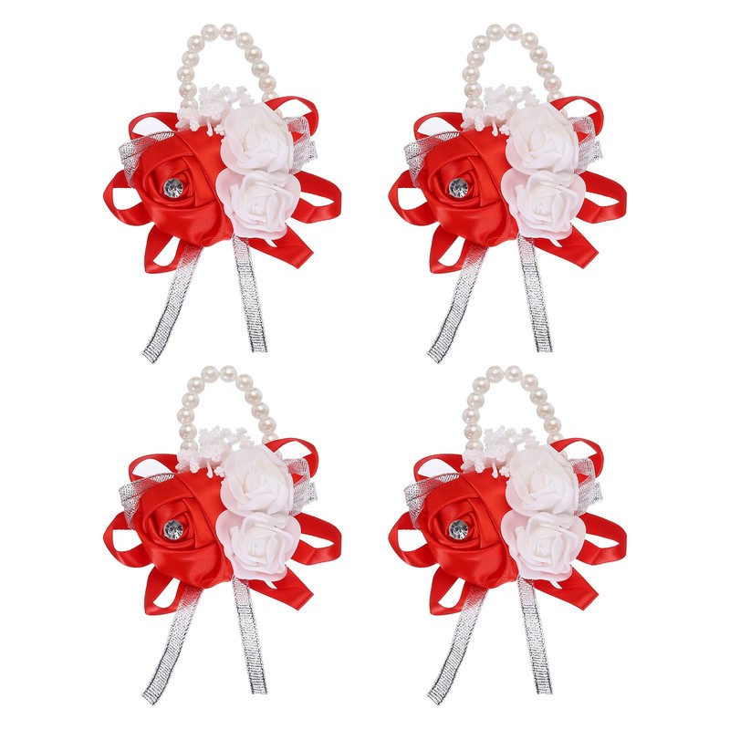 Wrist Corsage Artificial Flower Bracelets Pack of 4 Rose Wrist Red