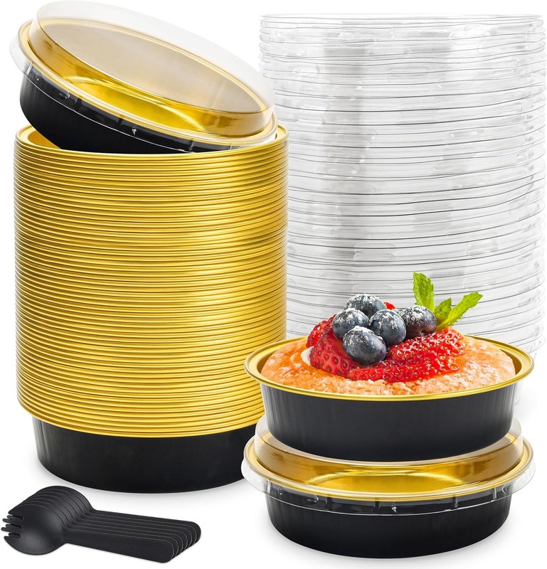 8 OZ Mini Cake Pans Disposable Ramekins with Lids Round Aluminum Mini Foil Cake