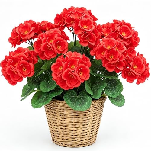 2PCS Artificial Geraniums Faux Silk Flowers Full Blooms Realistic Scarlet Red