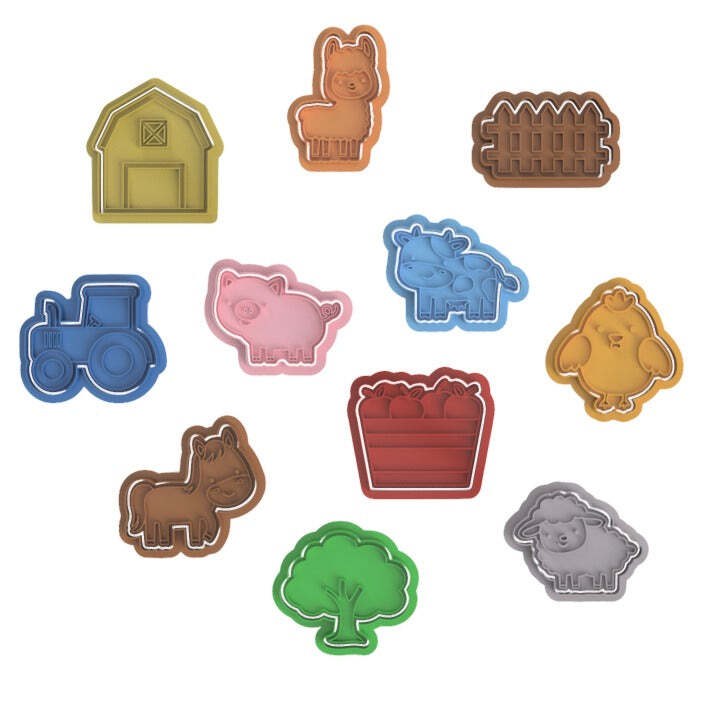 Farm animals cookie cutters and stamps – barn duck donkey chicken horse lamb cow