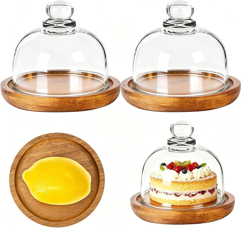 2 Pack Ultra Mini Wooden Base Cake Display Stand with Glass Dome,Cloche Clear Gl