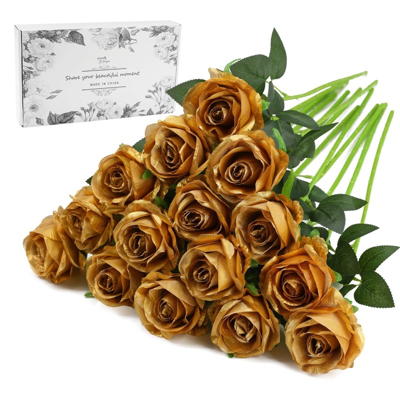 FLORRALIA 16PCS Gold Artificial Silk Roses Flowers – Realistic Fake Rose Bouquet