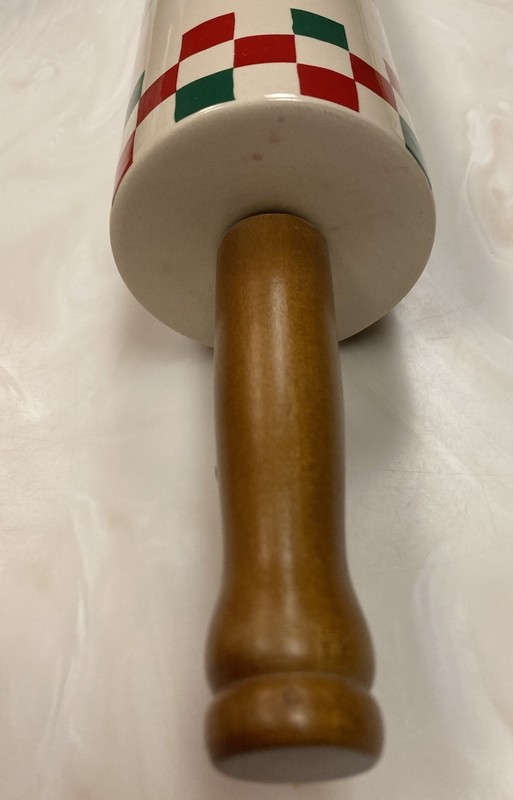 BIG 18” Christmas ROLLING PIN ceramic WOOD HANDLES Gingerbread Hot Cocoa Snowmen gallery