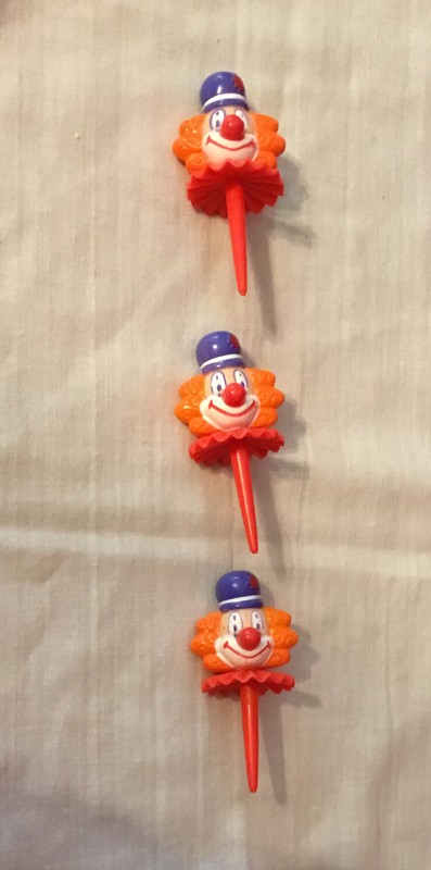 Vintage Lot of 3 Plastic Clown Cupcake Picks Bright Colors
