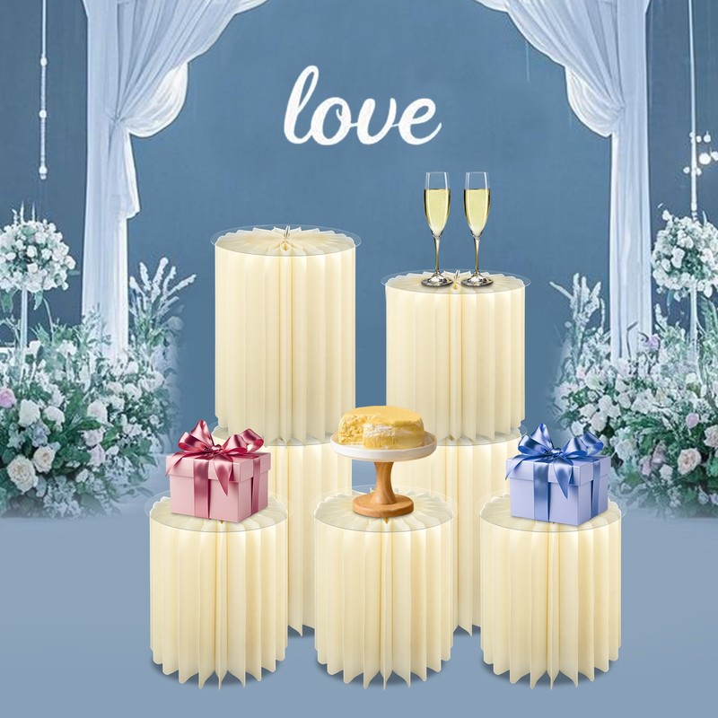 7-Piece Foldable Paper Column Flower Stands With Clear PVC Tops, Beige 2 Heights
