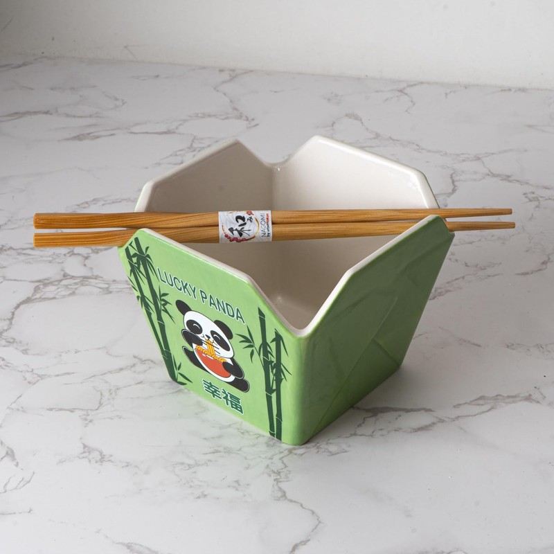 Chinese Takeout Box Style Porcelain Bowl With Chopsticks 18 fl oz Square Shap... gallery