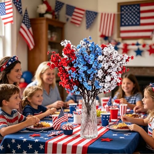 9Pcs 4th of July Baby's Breath Artificial Flowers, Red White Blue Silk, gallery