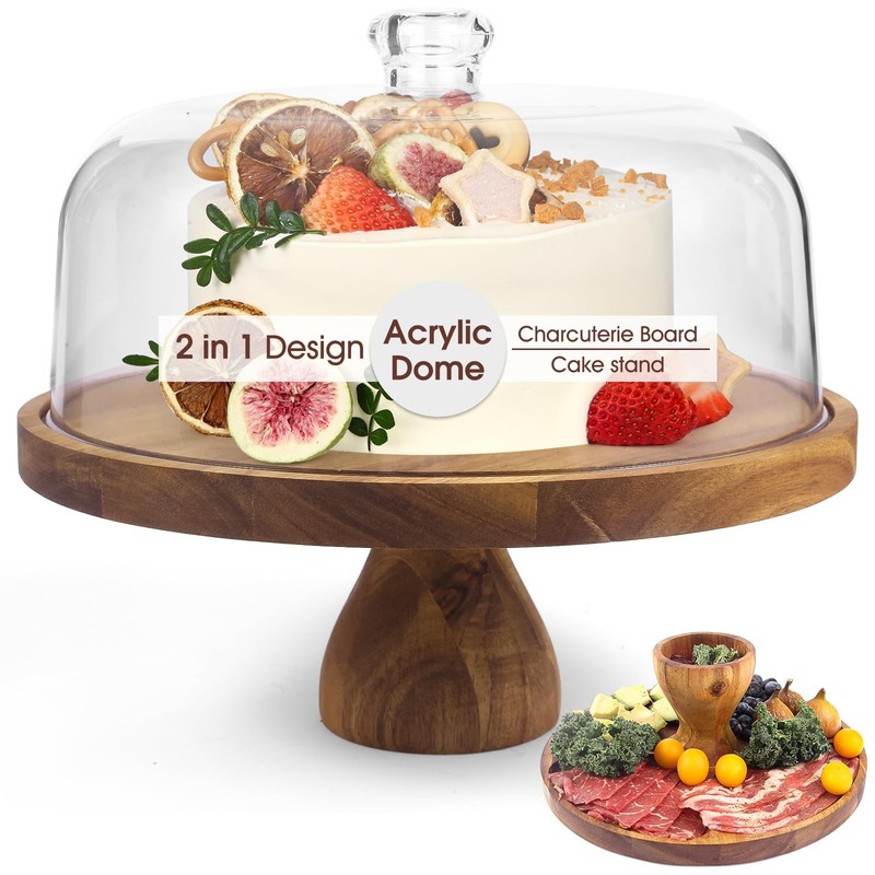 Acacia Wood Cake Stand with Lid, 12in Round Cake Holder, 2-in-1 Cake Plates w…