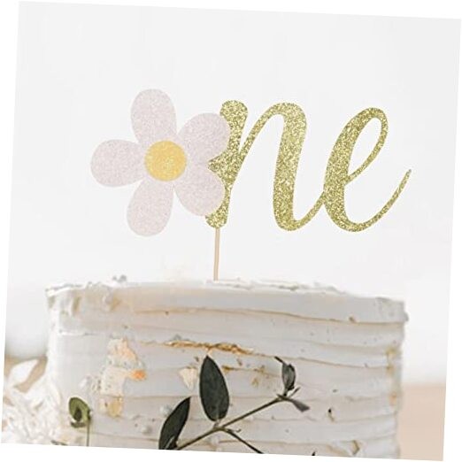 One Cake Topper for 1st Birthday – Flower Gold Glitter One Sign First Birthday