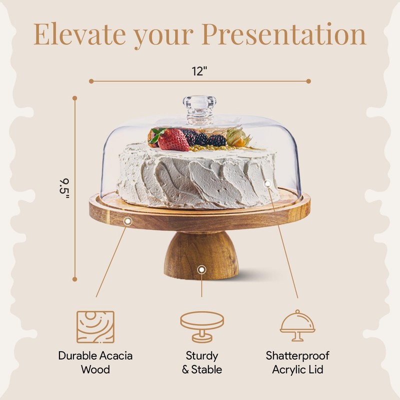 Acacia Wood Christmas Cake Stand with Dome Lid - 12in Round Holder, Holiday H... gallery