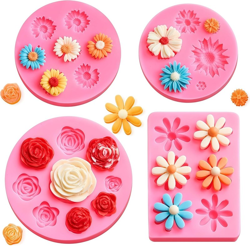 4 Pcs Flower Silicone Fondant Molds, Daisy Rose Flower Chocolate Candy Molds ... gallery