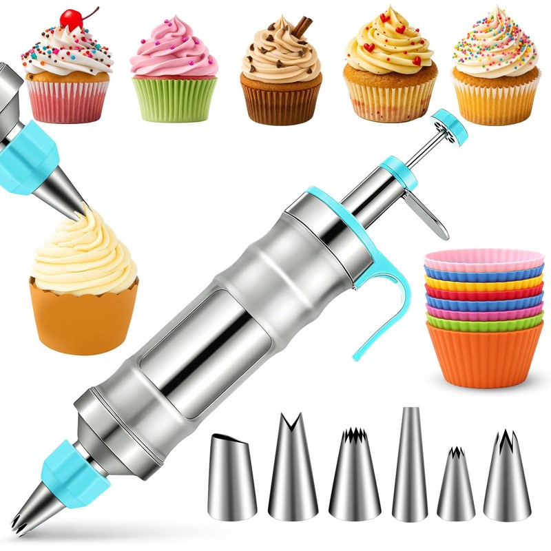 Dessert Decorating Syringe Set Stainless Steel 6 Piping Tips 9 Silicone Cupcakes