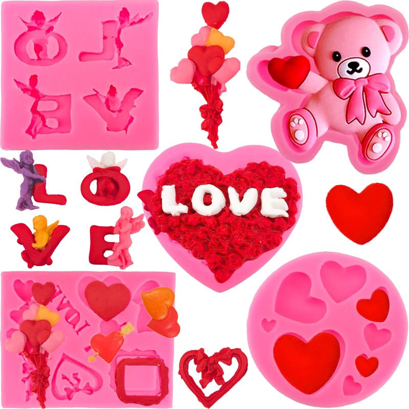 5 PCS Valentine Day Fondant Molds Mini Heart LOVE Angels Rose Bake Decor