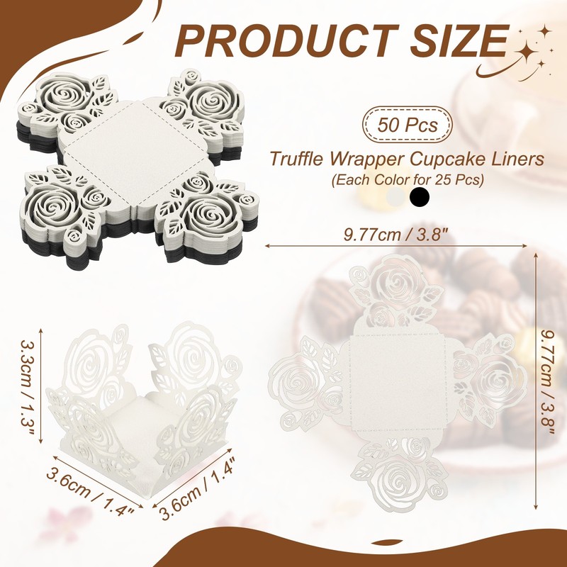 50Pcs 1.4x1.4" Rose Shape Truffle Wrapper Cupcake Liners for Decor, White/Black gallery