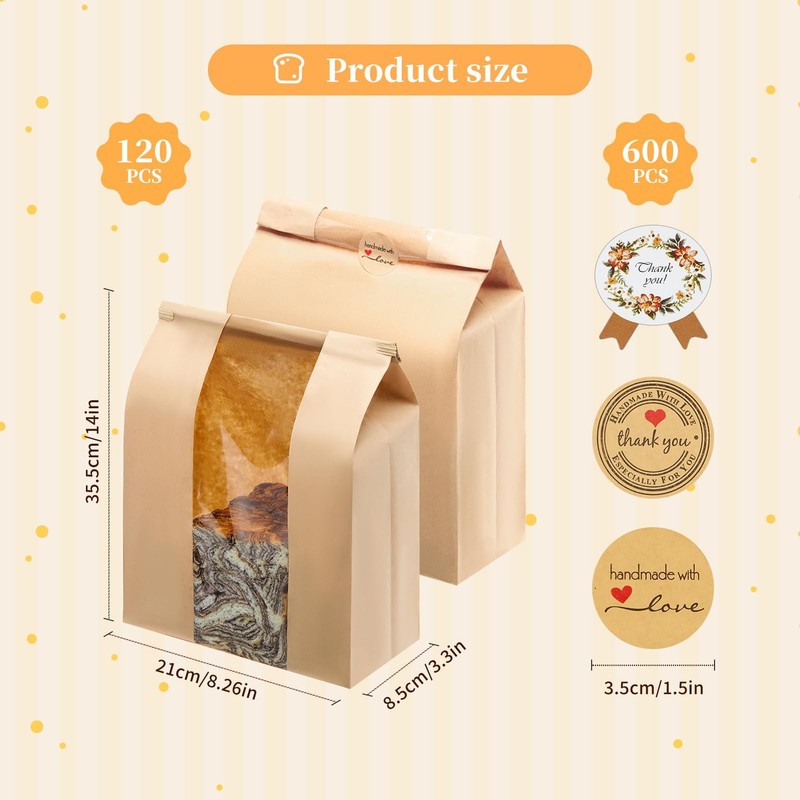 120 Pack Large Kraft Paper Bread Loaf Bag with Tin Tie Tab Lock ，for Homemade... gallery