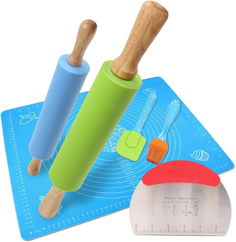 1Set Rolling Pin Pastry Mat Set Non-Stick 6 in 1 Dough Roller Baking Kit with Pa