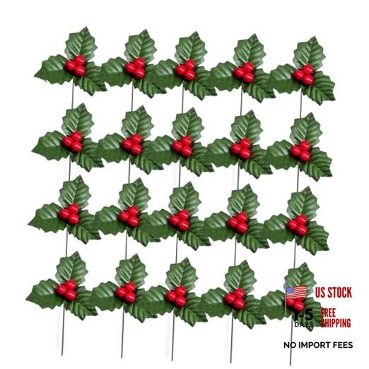 QUUPY 20Pcs Christmas Holly Berries Faux Berries Flowers and Holly Leaves Xmas