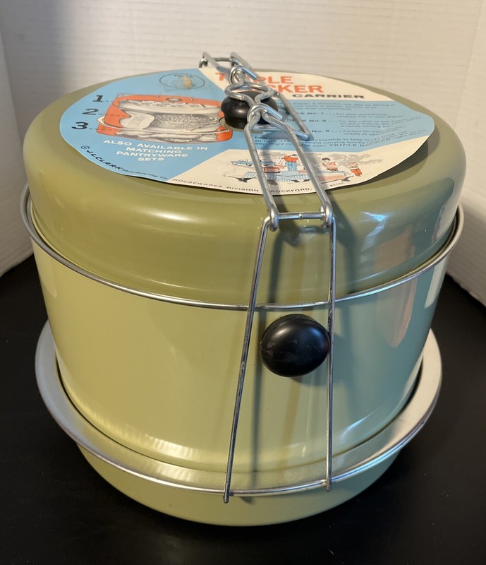 60s Triple Decker Metal FOOD CARRIER Beach Party Vtg Travel Picnic J.L CLARK