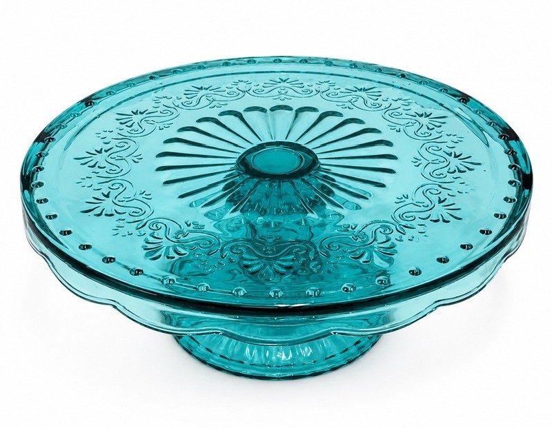 Retired Pioneer Woman Cassie Cake Stand Embossed Glass Plate Teal 10” Inches gallery