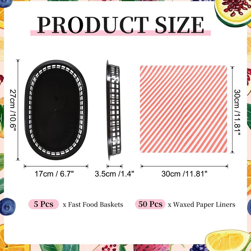 50pcs Twill Wax Paper Sheets with 5 Pcs Fast Food Baskets, Red gallery