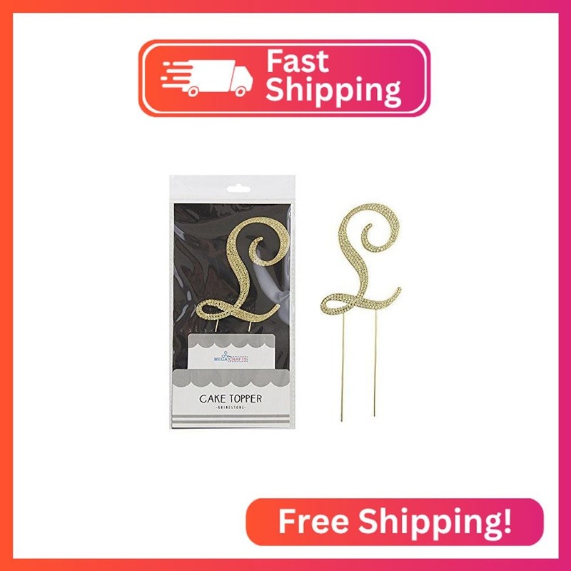 Mega Crafts Sparkly Gold Rhinestone Letter L Cake Topper Decoration, Shimmering