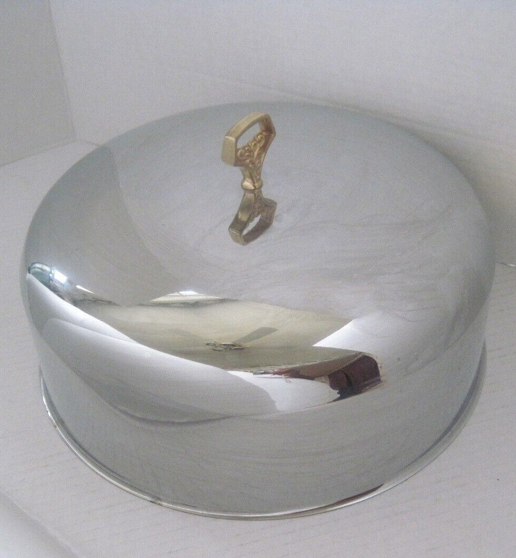 Vintage Cake Holder Silver Metal Aluminum Cover with Brass Knob Glass Plate Mint gallery