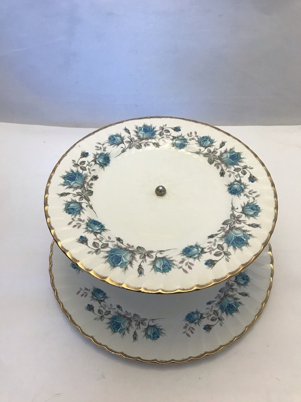 Burleighware England Ironstone 2 Tier Cake Stand Round Blue/ White gallery