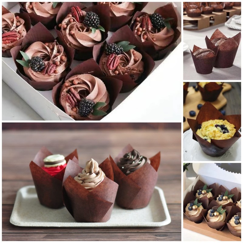 130 PCS Large Brown Tulip Baking Cups 21/4" x 4" Greaseproof Muffin Liners gallery