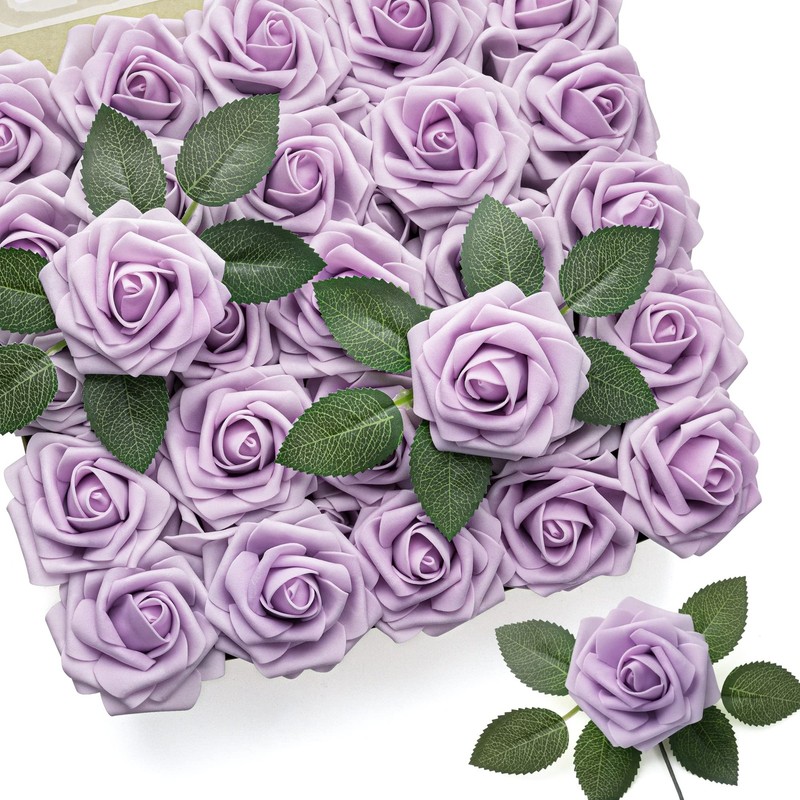 Mocoosy 50Pcs Rose Artificial Flowers Lavender Fake Roses for Decorations Purple