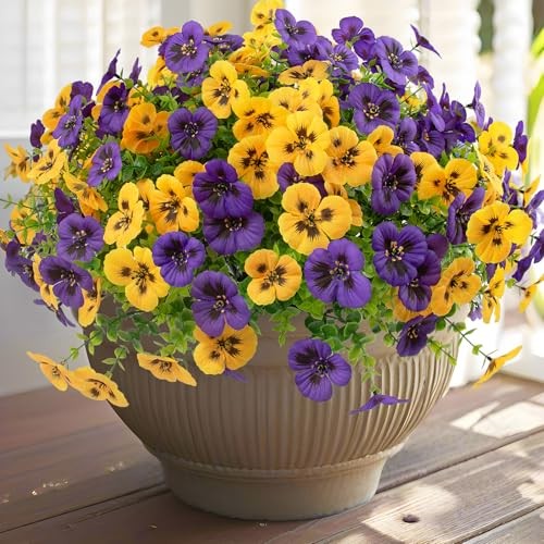 Pcs Artificial Fake Pansy Flowers for Outdoor - Faux UV 18 - Yellow,purple gallery