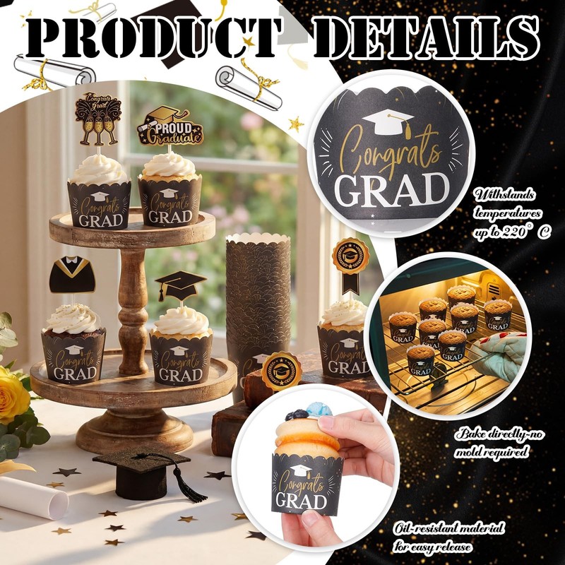96 PCS Graduation Cupcake Liners Toppers Set Class of 2026 Black Gold Decor gallery