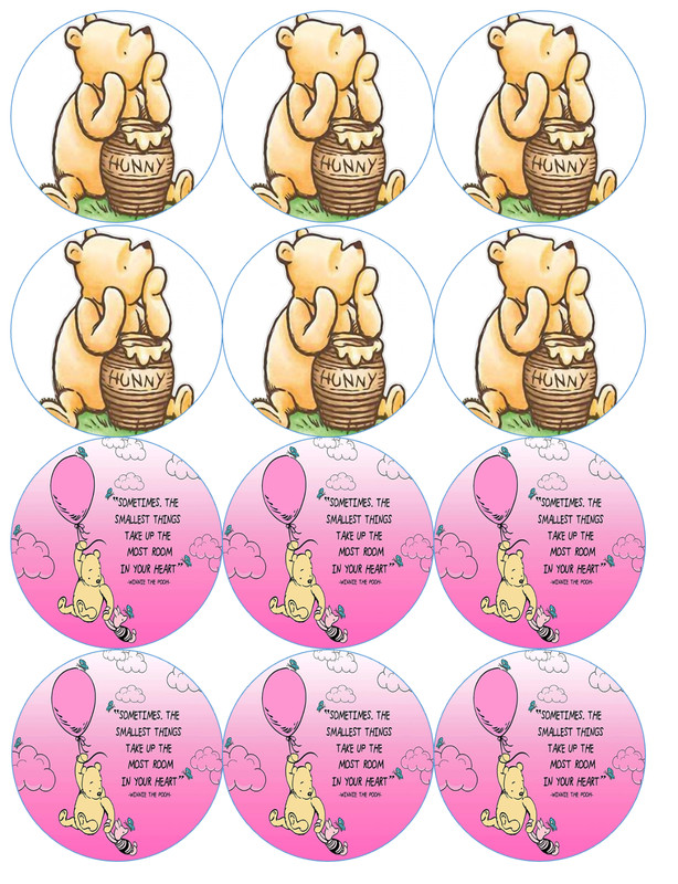 12 pink Winnie the pooh edible paper, cupcake cookie toppers CHOOSE YOUR SIZE